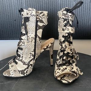 Simmi London Black and White Snakeskin High Heel Ankle Booties with Laces